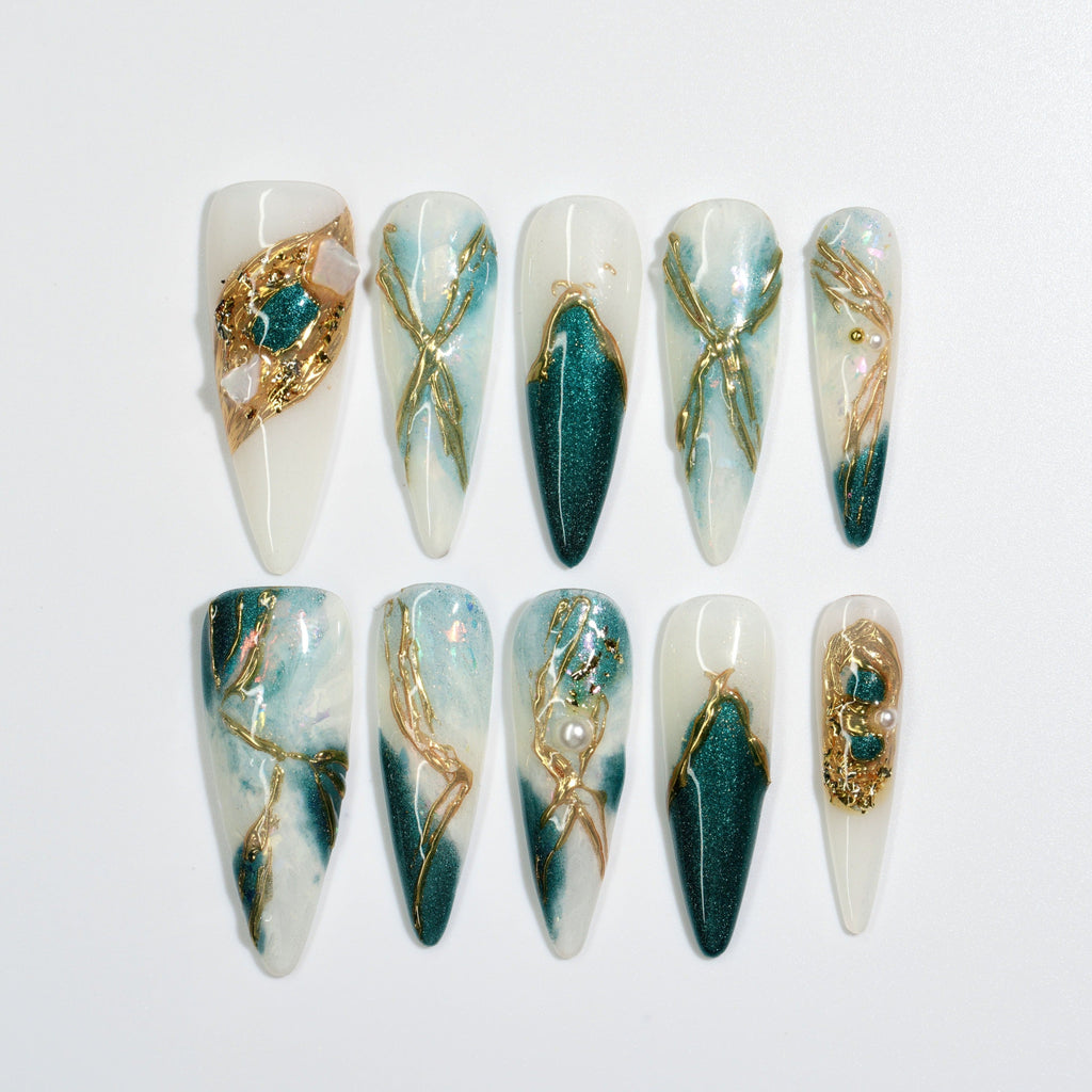 NailPopz EMERALD TIDES - Handmade 3D Press-On Nails | Durable, Reusable, and Salon-Grade Finish