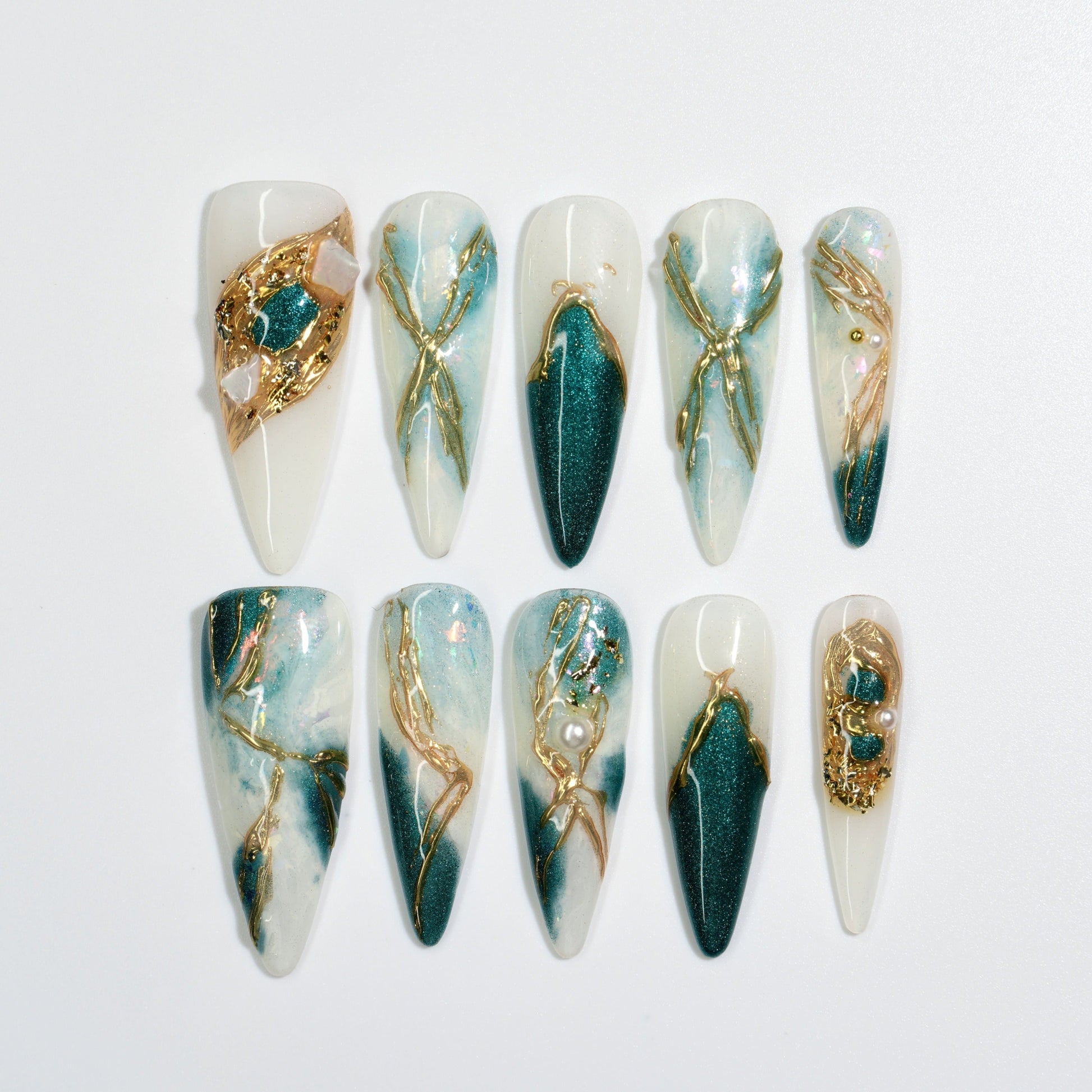 NailPopz EMERALD TIDES - Handmade 3D Press-On Nails | Durable, Reusable, and Salon-Grade Finish