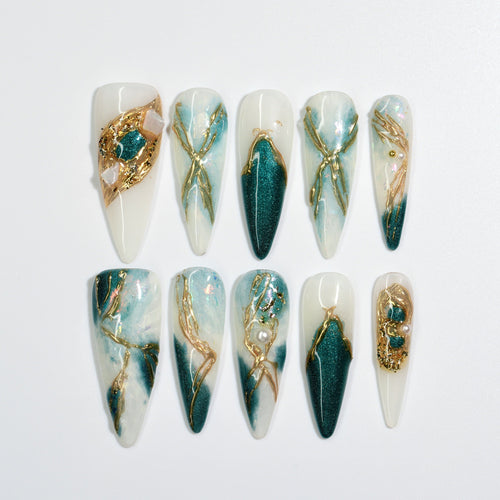 NailPopz EMERALD TIDES - Handmade 3D Press-On Nails | Durable, Reusable, and Salon-Grade Finish