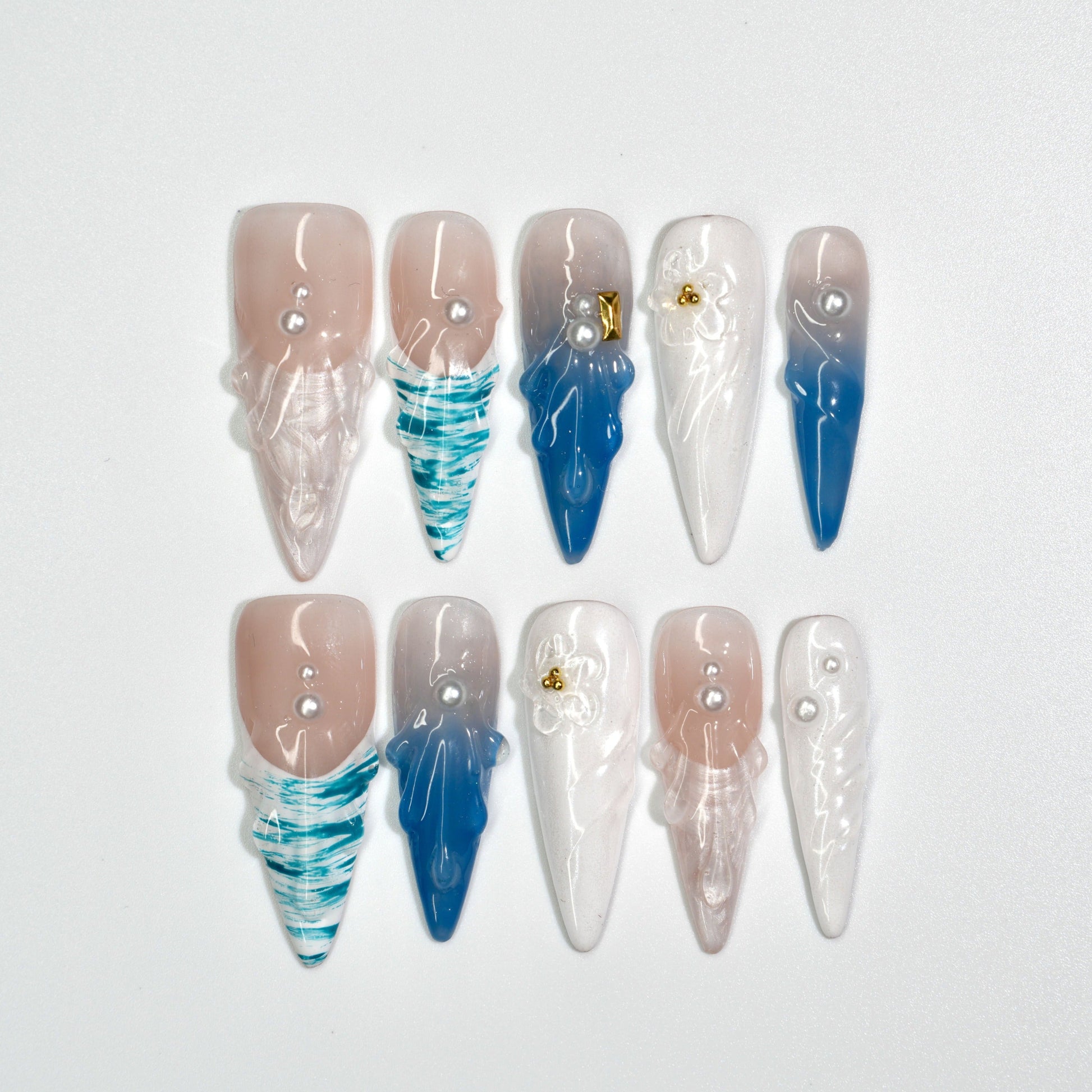 NailPopz OCEAN WHISPERS - Handmade 3D Press-On Nails | Durable, Reusable, and Salon-Grade Finish