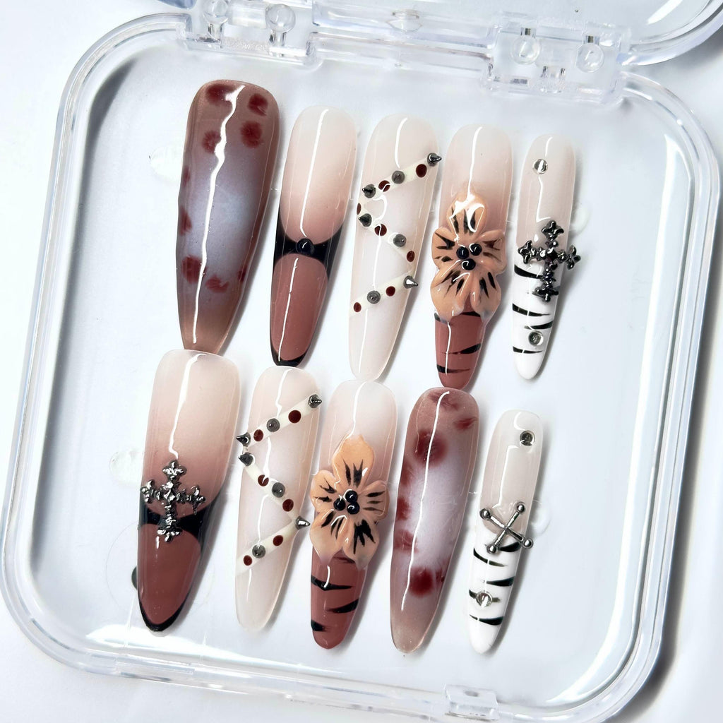 NailPopz AMBER STITCH - Handmade 3D Press-On Nails | Durable, Reusable, and Salon-Grade Finish