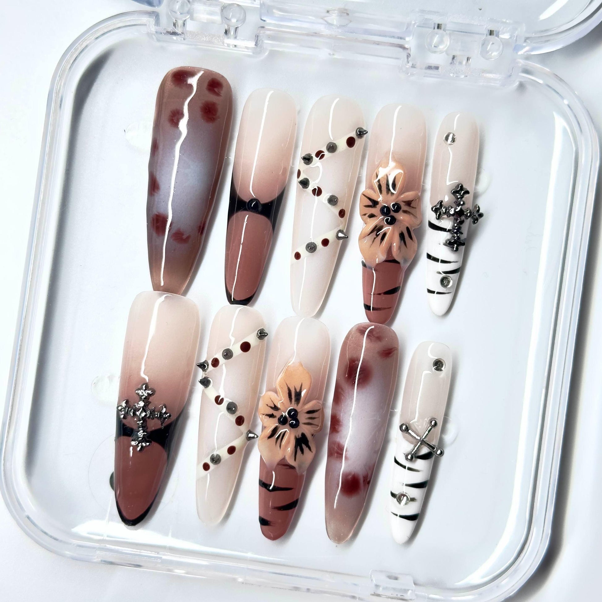 NailPopz AMBER STITCH - Handmade 3D Press-On Nails | Durable, Reusable, and Salon-Grade Finish