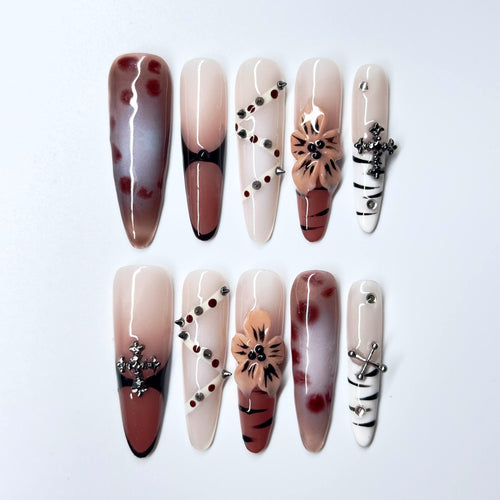 NailPopz AMBER STITCH - Handmade 3D Press-On Nails | Durable, Reusable, and Salon-Grade Finish