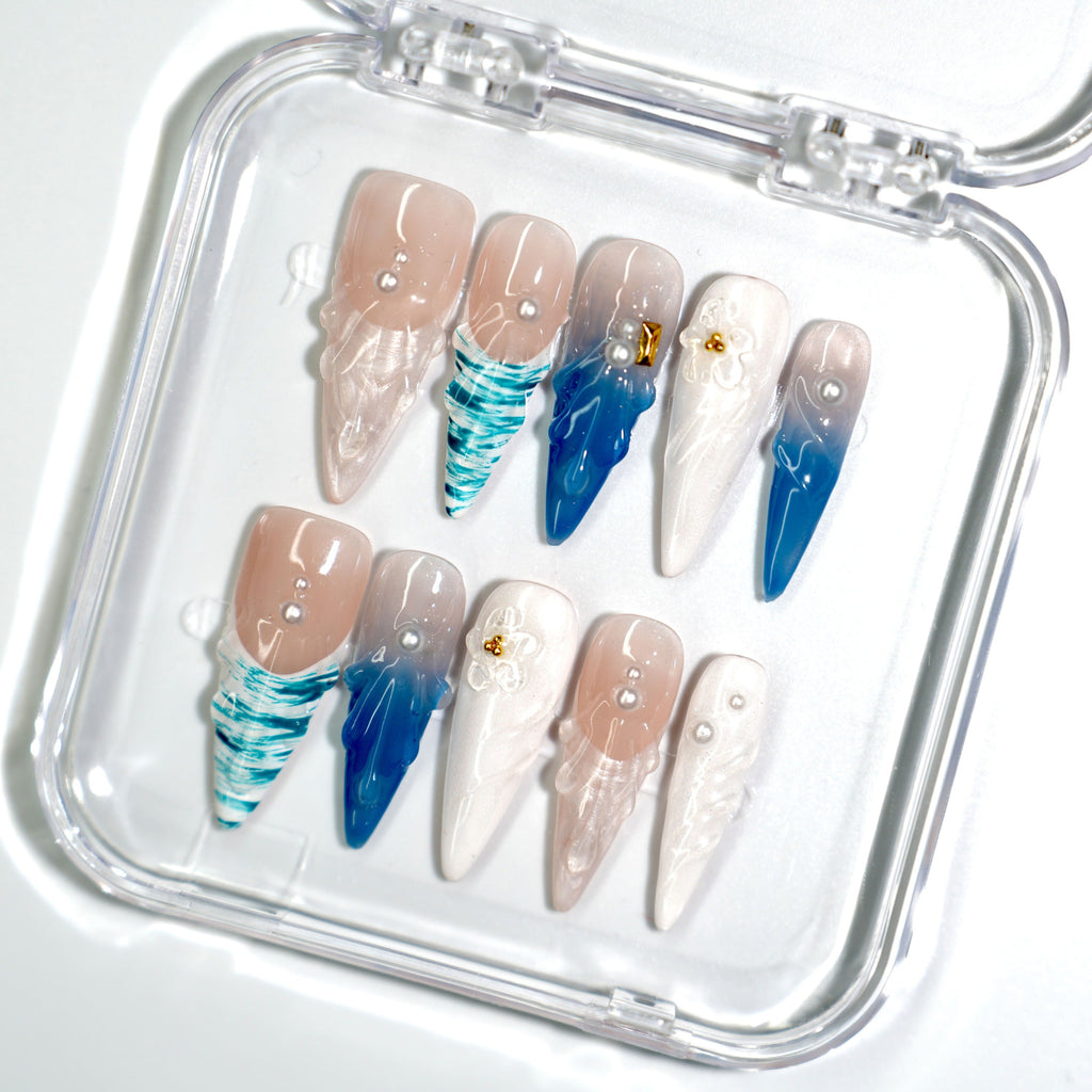 NailPopz OCEAN WHISPERS - Handmade 3D Press-On Nails | Durable, Reusable, and Salon-Grade Finish