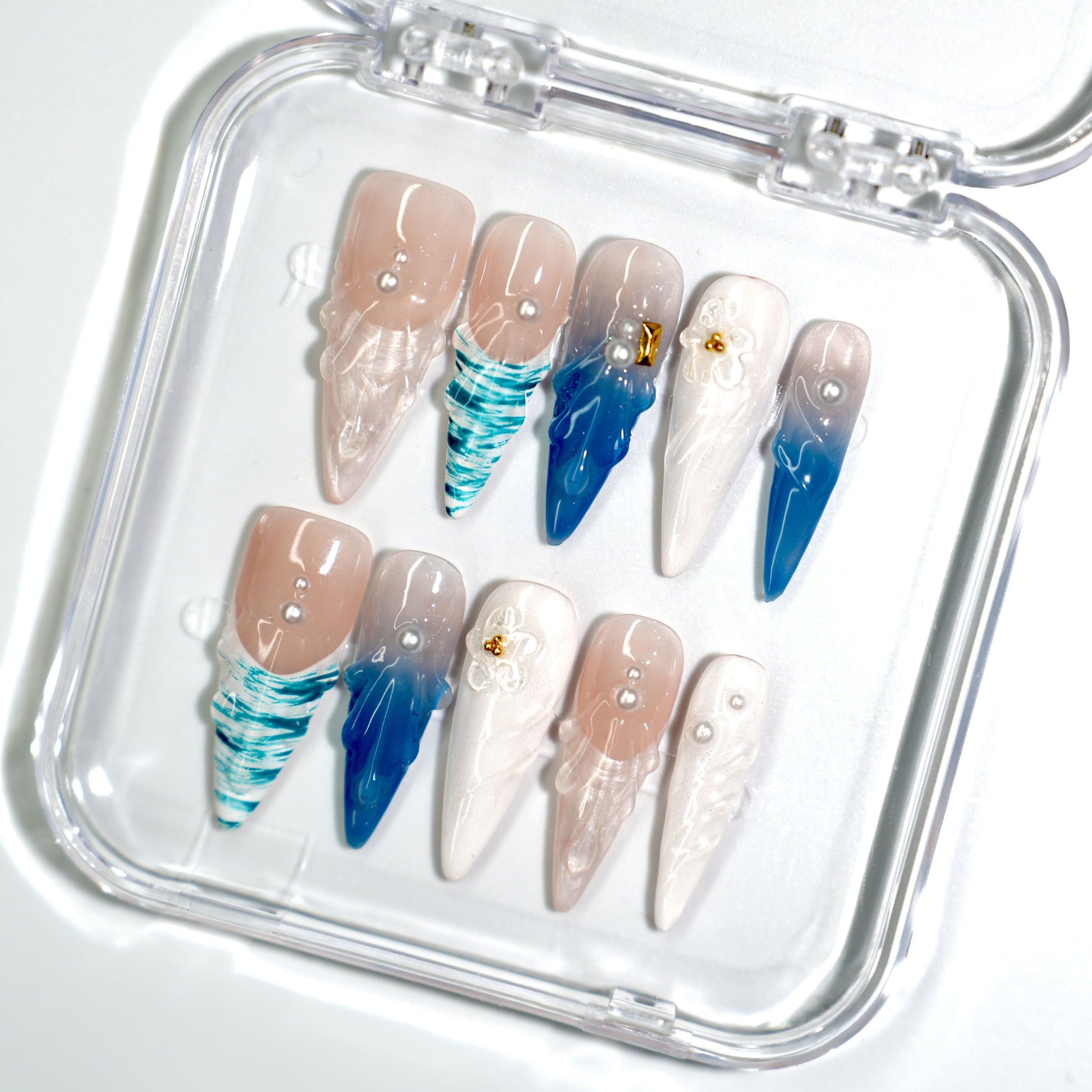 NailPopz OCEAN WHISPERS - Handmade 3D Press-On Nails | Durable, Reusable, and Salon-Grade Finish