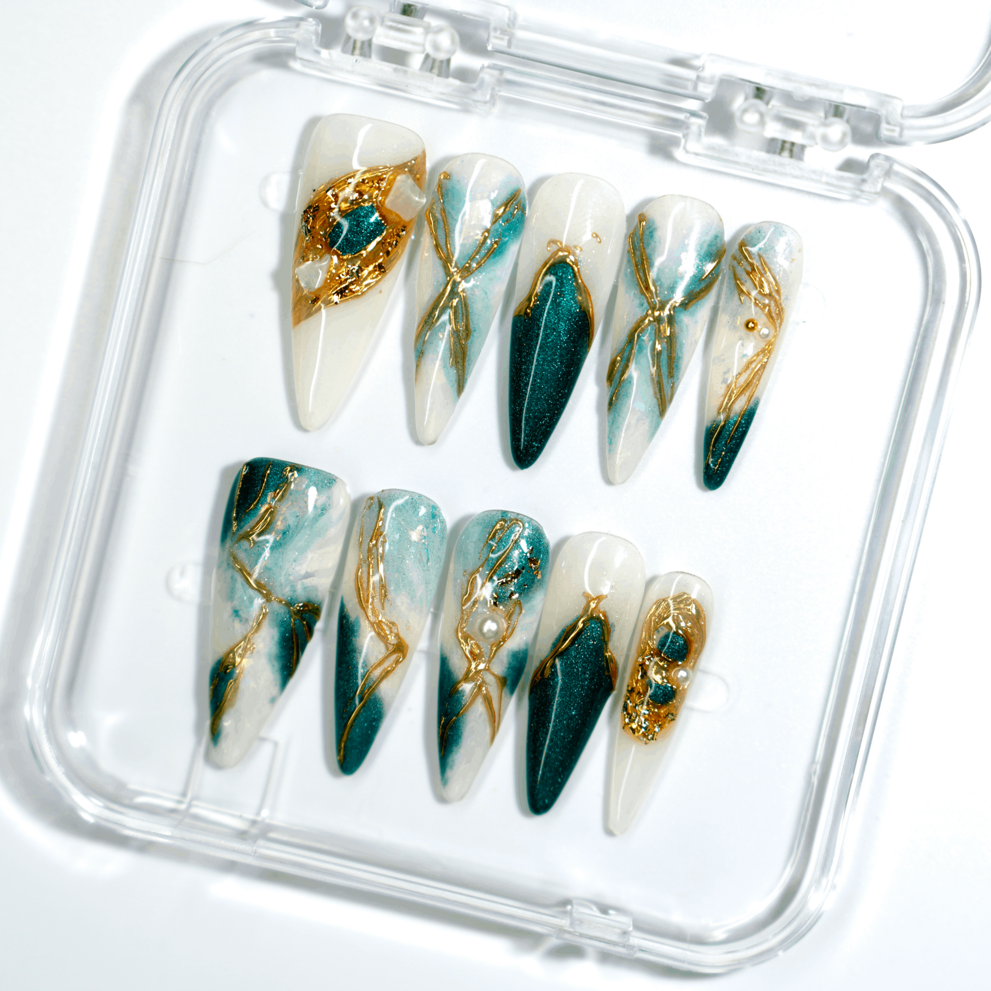 NailPopz EMERALD TIDES - Handmade 3D Press-On Nails | Durable, Reusable, and Salon-Grade Finish